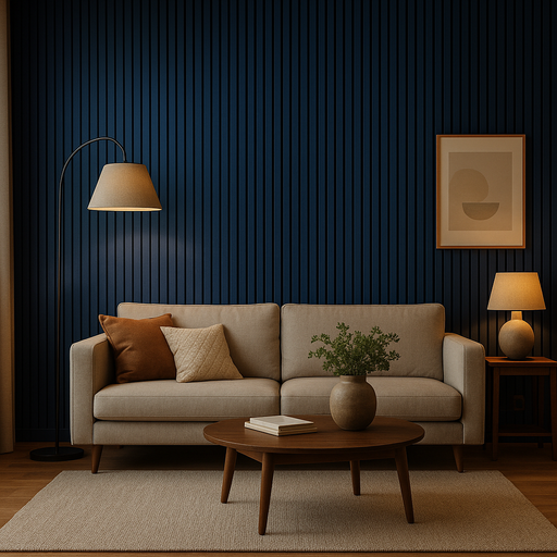Modern living room with a beige sofa, wooden coffee table, and decorative elements against a dark blue slat wall.
