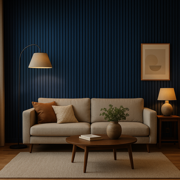 Modern living room with a beige sofa, wooden coffee table, and decorative elements against a dark blue slat wall.