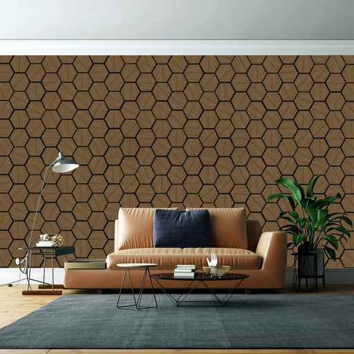 Modern living room with a beige sofa, hexagonal patterned wall, and decorative items.