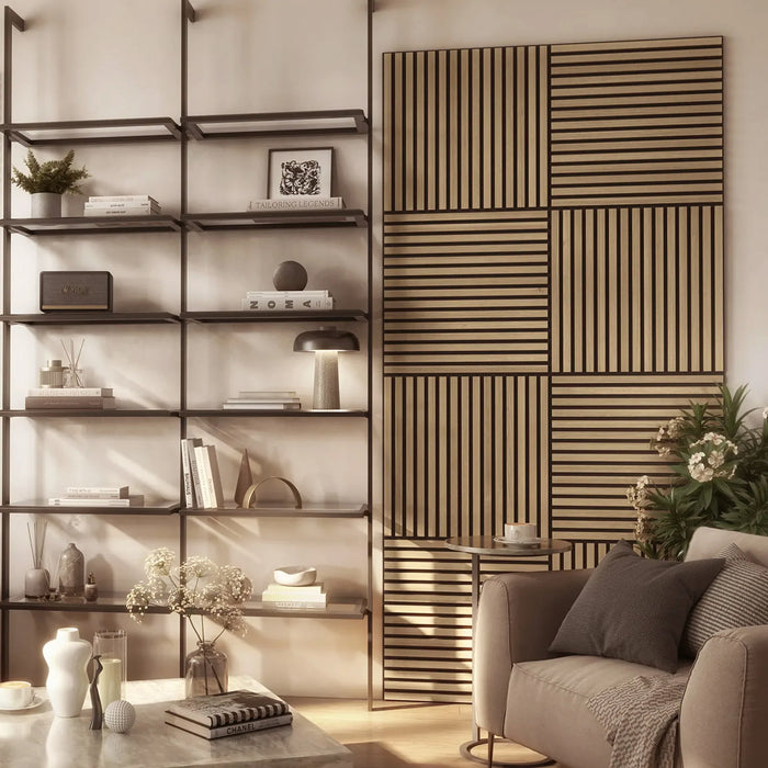 Modern living room with shelves, decorative items, and a sofa. The key feature is the oak slat wall squares