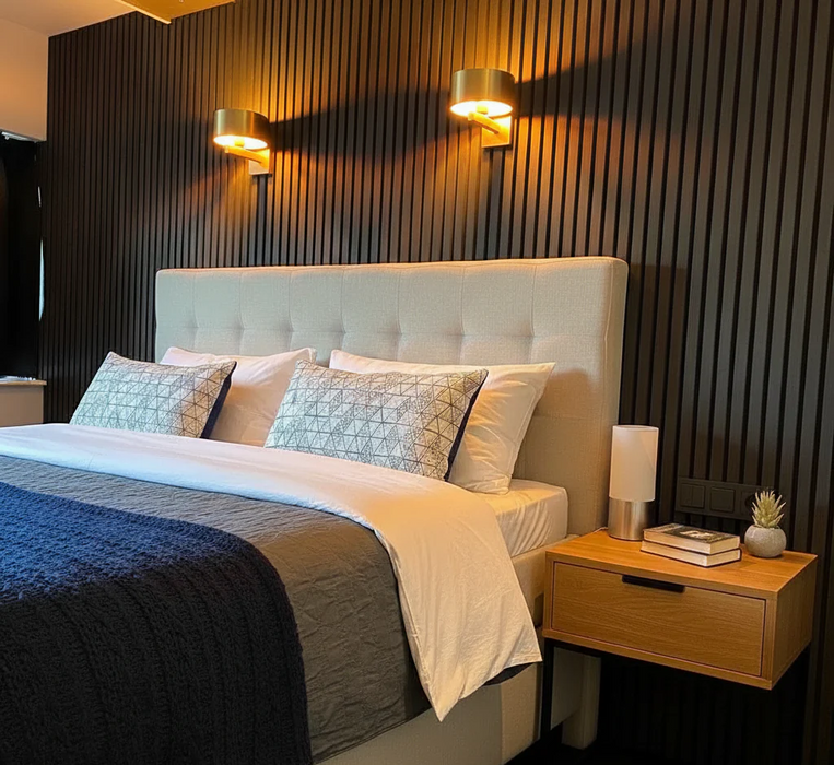 Neatly made bed with decorative pillows in a bedroom setting with Black Oak acoustic slatted panels.