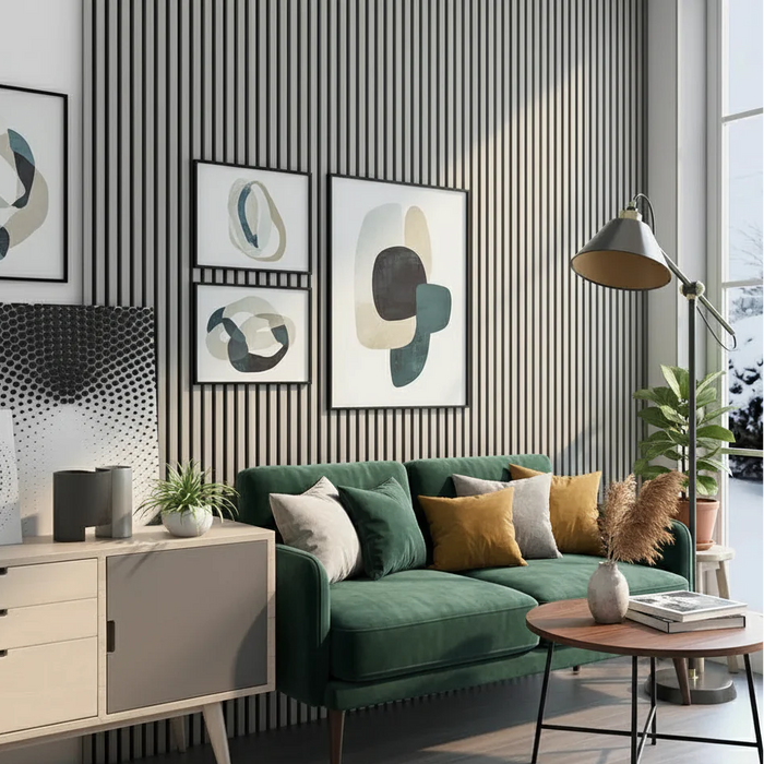 Modern living room with a green sofa, abstract art, and decorative elements with Grey Oak acoustic slatted panels.