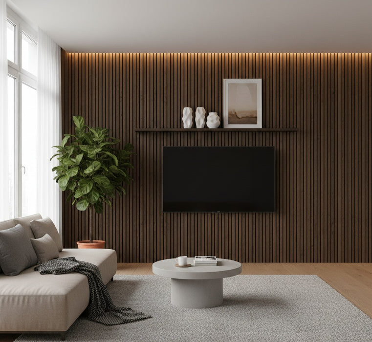 Modern living room with a wooden wall, TV, and decorative items with Smoked Oak acoustic slat panels.