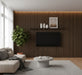 Modern living room with a wooden wall, TV, and decorative items with Smoked Oak acoustic slat panels.