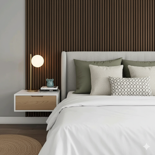 Modern bedroom with a bed, nightstand, and decorative elements with Smoked Oak acoustic slat panels.