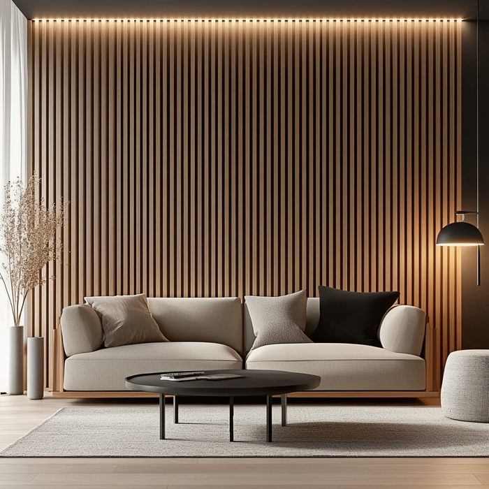 Modern living room with a beige sofa, wooden wall, and coffee table.