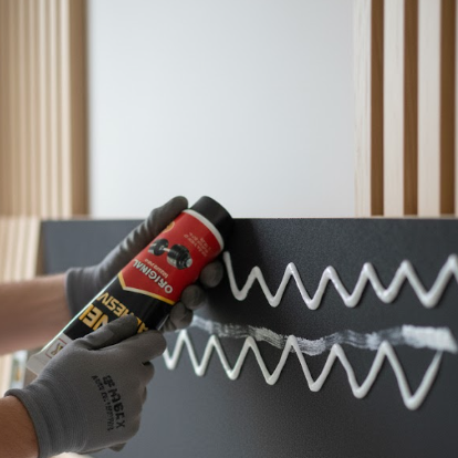 Person applying white adhesive to a black surface with a zigzag pattern