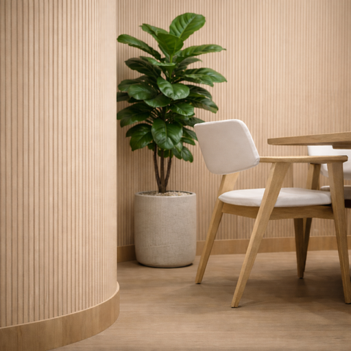 Modern interior with a potted plant and wooden chair against wooden wall paneled wall