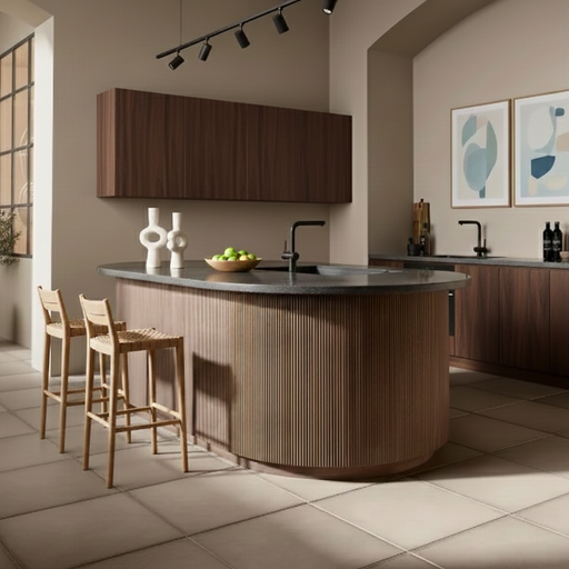 Modern kitchen with wooden island and bar stools