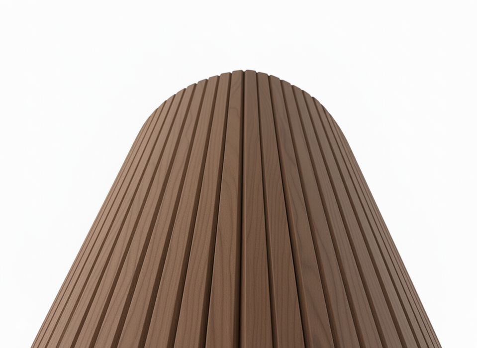 Close-up of a brown, ribbed flexible wall panel on a white background